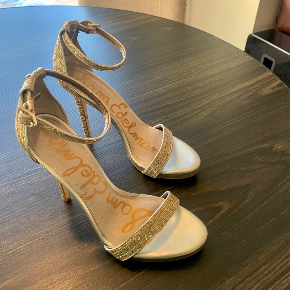 : Sam Edelman gold metallic glitter strapped, open-toe heels.